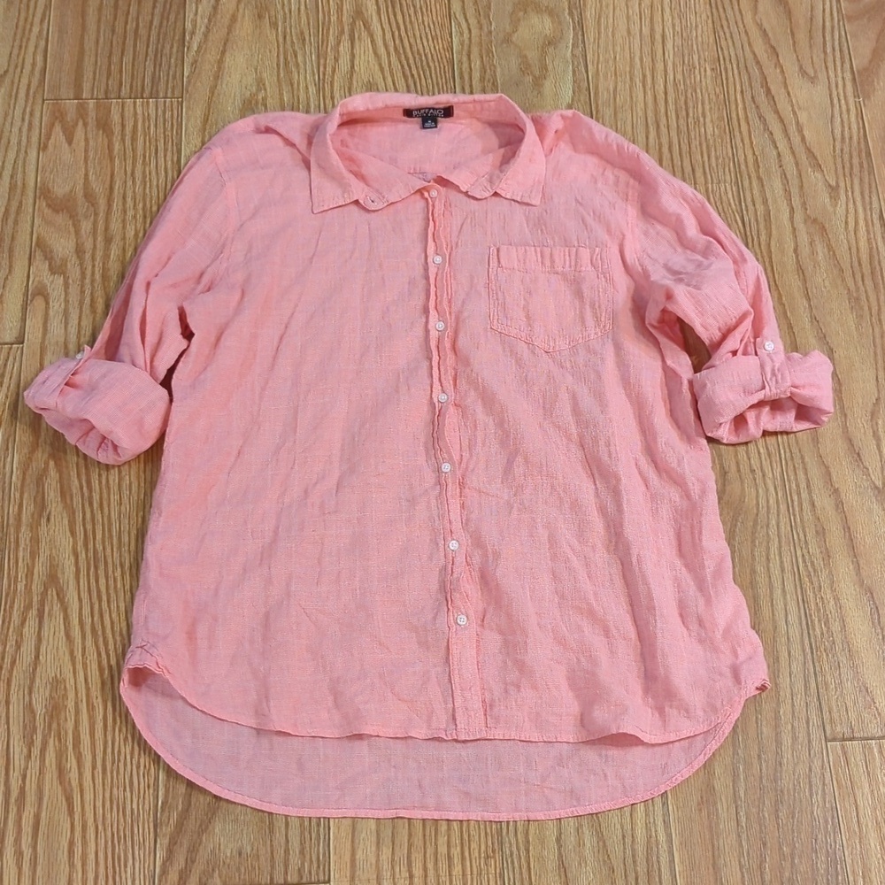 Pink micro-gingham button-down roll-tab sleeve shirt, Buffalo David Bitton M